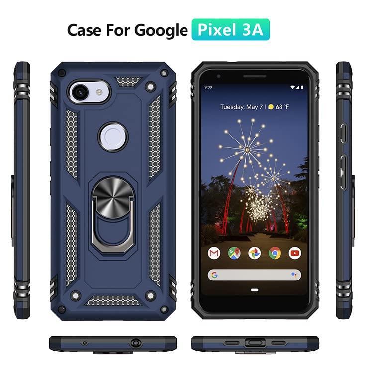 Asuwish Cover per Google Pixel 3a XL con Pellicola Vetro Temperato Vetrino Magnetica Anello Supporto Resistente Protettiva Protezione TPU Silicone 3aXL Custodia Case Maschio Ragazza Blu