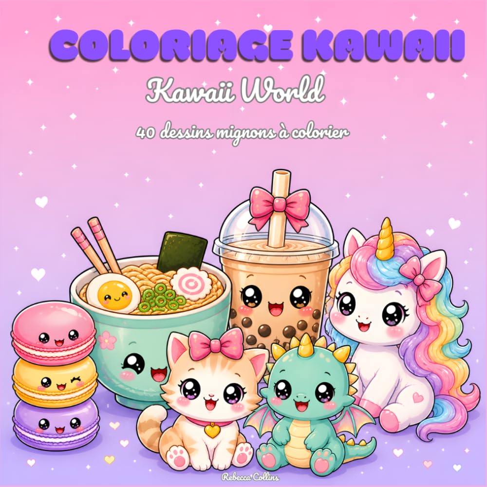 Coloriage Kawaii enfants 6-12 ans: Kawaii World : 40 dessins mignons à colorier. Nourriture, animaux, licornes et objets adorables. Cahier créatif anti-stress. Idée cadeau fille et garçon