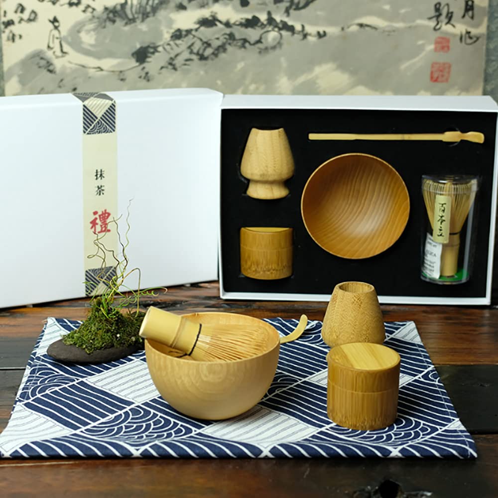 Juego de té matcha japonés de 5 piezas, batidor/cuenco/soporte/cuchara de bambú/latas de matcha de bambú para ceremonia tradicional de té japonesa
