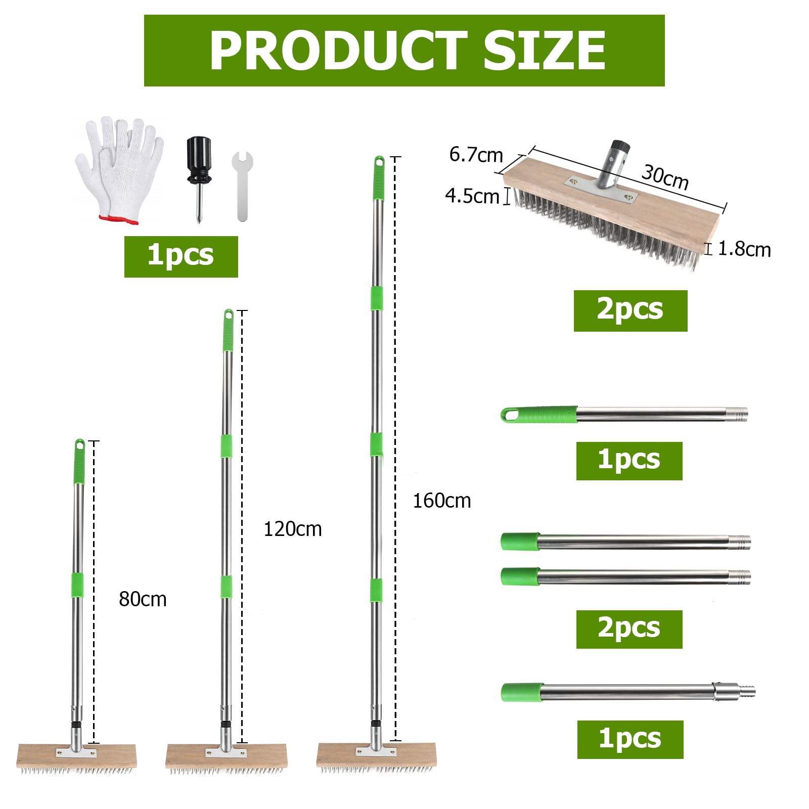 2 Pezzi Scopa metallica per giardino 30cm Scopa filo metallico con 1 set manico 1,6m acciaio giardino Spazzola per erbacce esterno per rimuovere erbacce, muschio e macchie ostinate