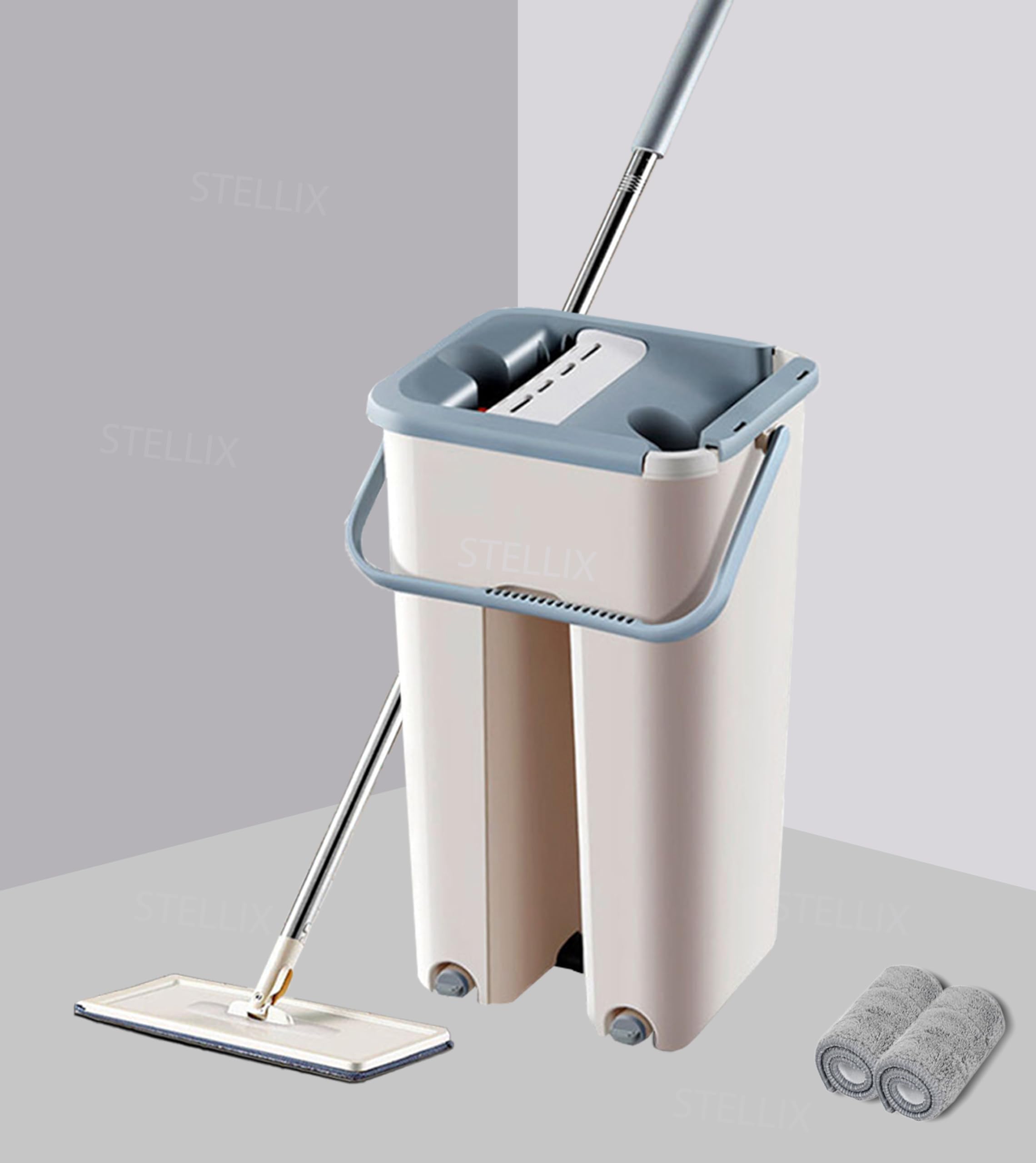 STELLIX Moppers for Cleaning Floor| Mop Bucket for Home & Kitchen| Flat Mop with Telescopic Mopping Stick| Floor Cleaners Pocha Mob for Wet & Dry Cleaning Supplies with 2 Microfiber Pad| Small Beige