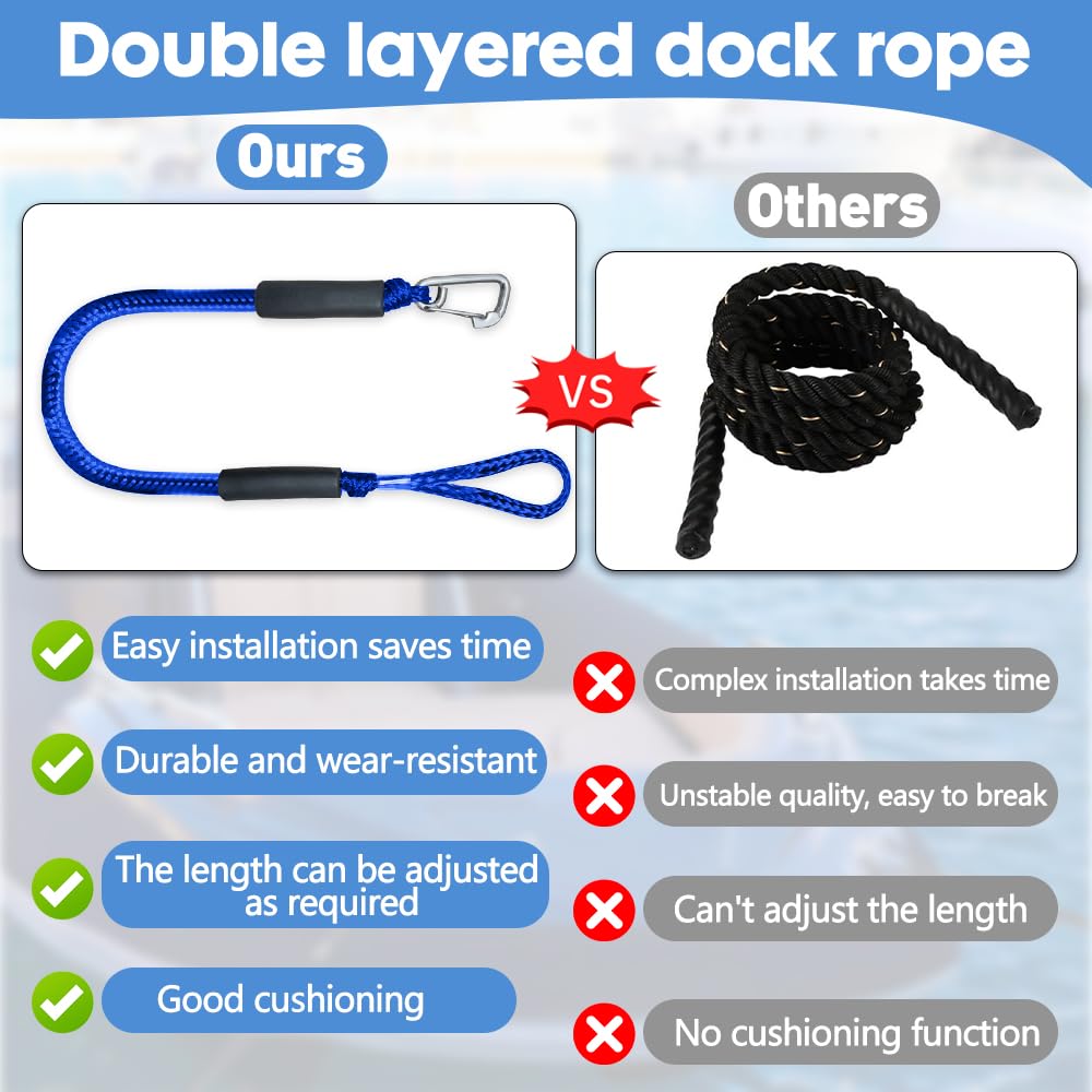 2 Pcs Cavi per Ormeggio per Barche, Bungee Dock Line con Gancio, cravatta elastica in barca, Barche per bungee corde accessori barca per Barche, Moto d'Acqua, Kayak, Pontone, Canoa(Blu)