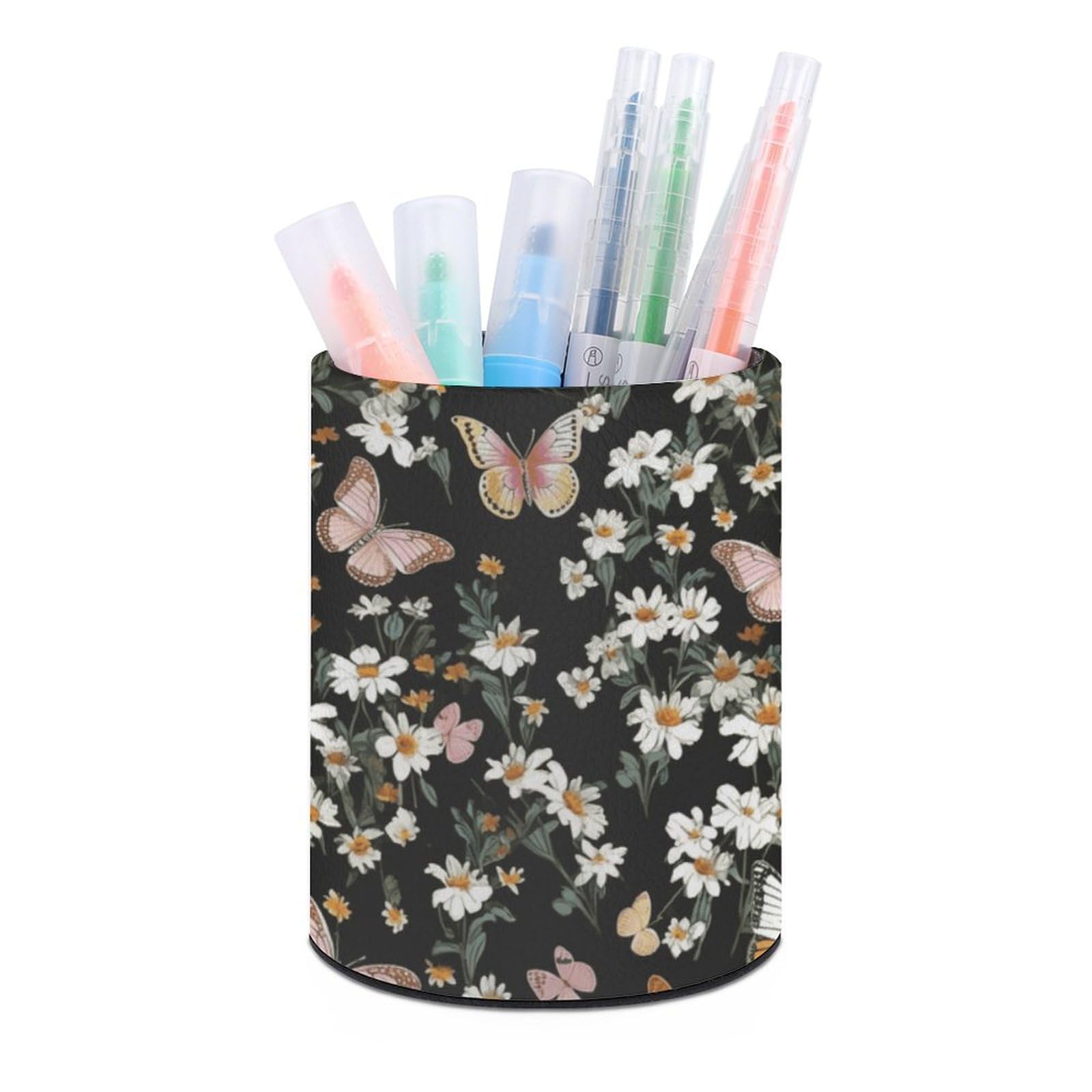 JTREHY - Round Pen Holder, Various Butterflies and Daisies, Printed Makeup Brush Storage Box for Home, Office, Vanity
