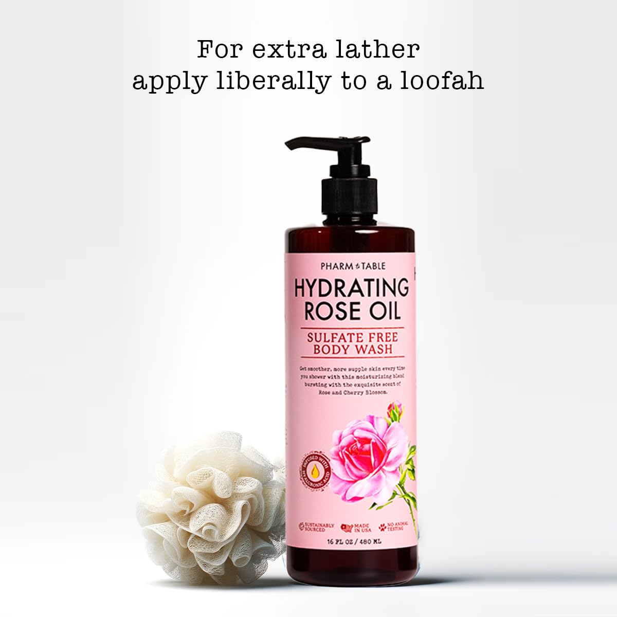 PHARM TO TABLE Gel doccia idratante con olio di rosa, per donne e uomini: idrata e illumina la pelle, senza solfati, 100% cruelty free, 480 ml