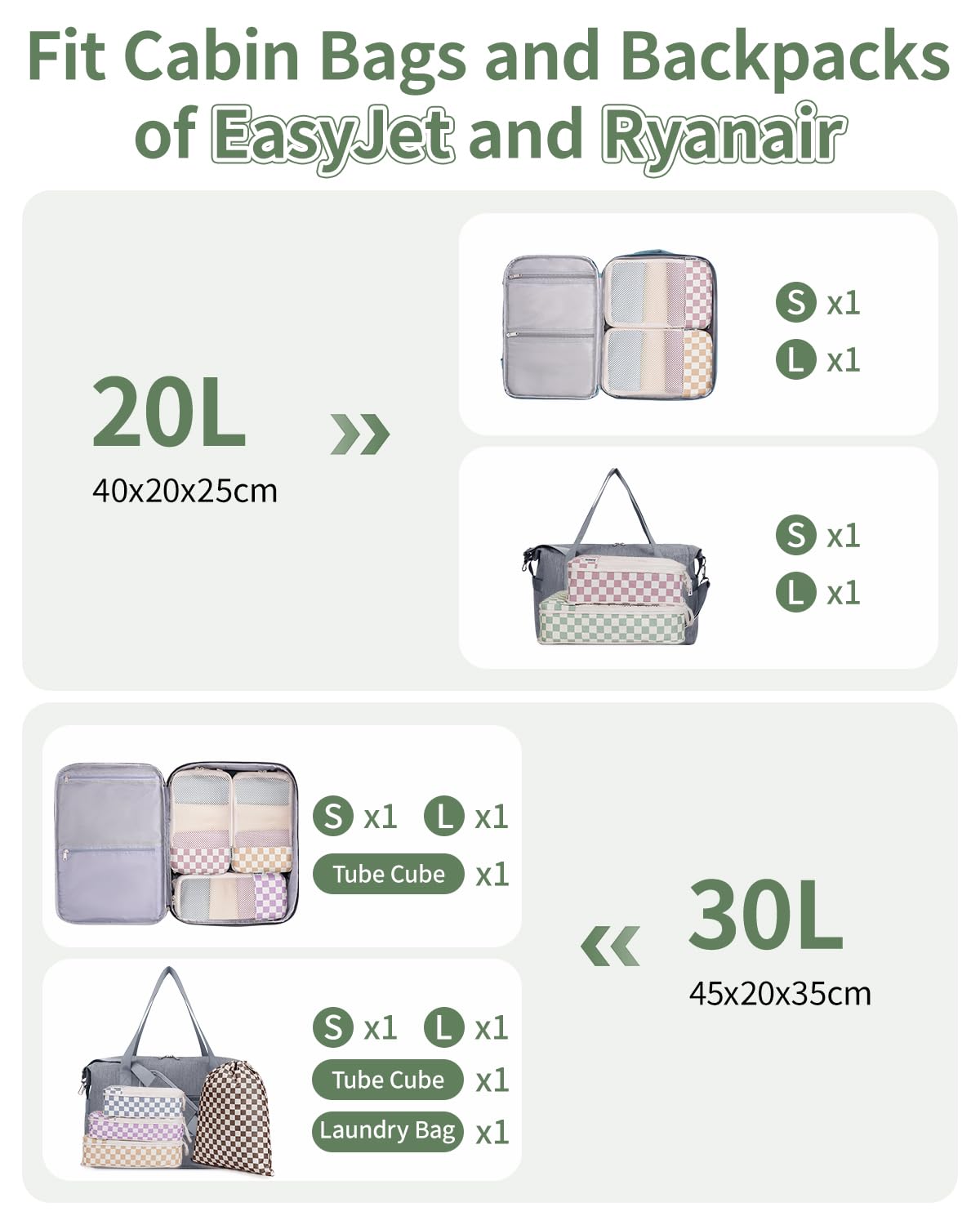 Narwey 6 Pièces Organisateur Valise, Sac Compression Voyage, Compression Packing Cubes, Organisateur Valise Compressible, Cube de Rangement, Organiseurs de Bagage (Checker Combined)