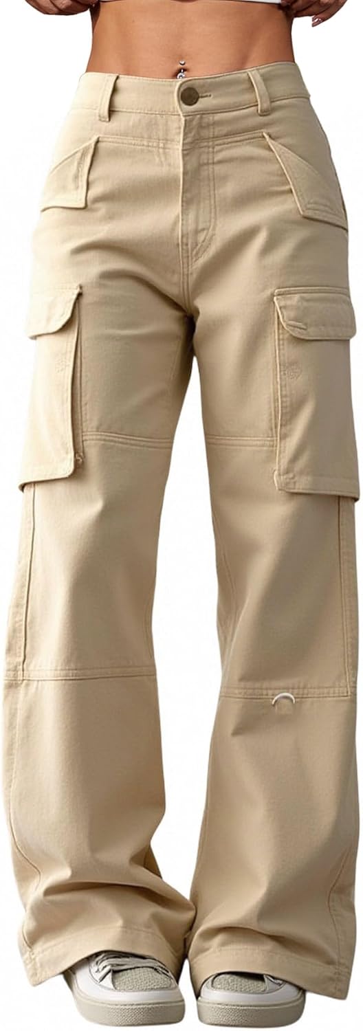 Women's Wide Leg Cargo Pants Y2k High Elastic Waist Baggy Rave Trousers Streetwear