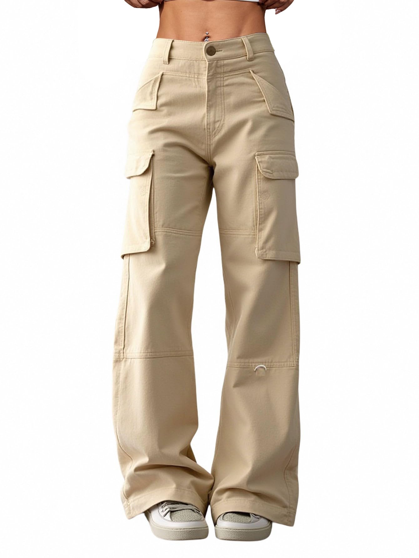 Womens Wide Leg Cargo Pants Y2k High Elastic Waist Baggy Rave Trousers Streetwear