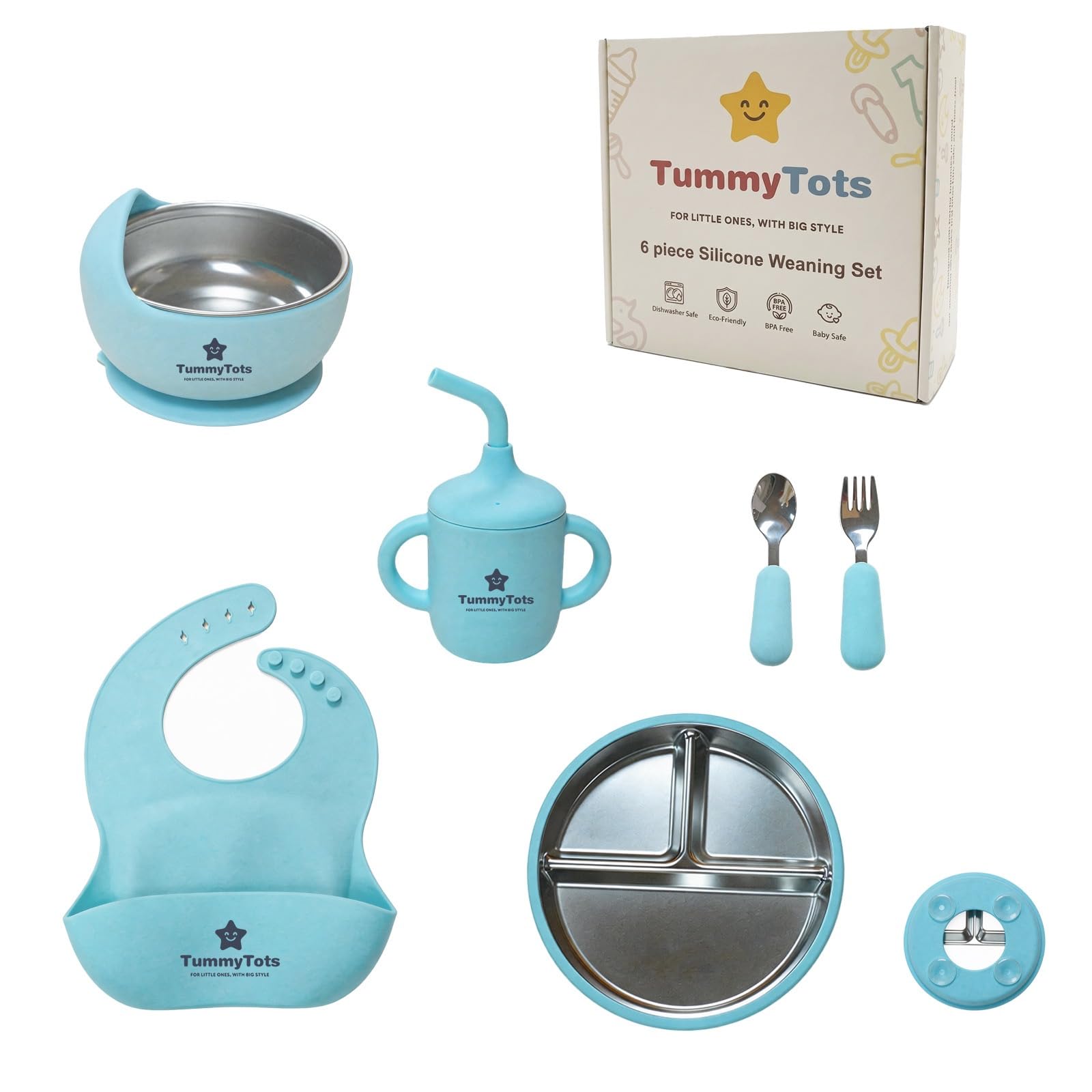 TummyTots 6 Pcs Stainless Steel Baby Feeding Set - Weaning Set with Divided Baby Plates with Suction, Suction Bowl, Sippy Cup with Straw, Weaning Bib, Baby Spoon & Fork | Baby Gift (Blue)