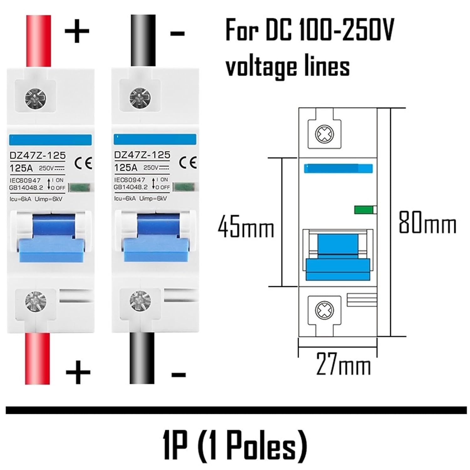 Circuit Breaker DC 1000V/500V 125A MCB Solar Energy PV Circuit Breaker 1P 2P 4 Poles 80 Amp 100A Current Main Witch Protector DZ47Z-125 1Pcs(1P,125A)