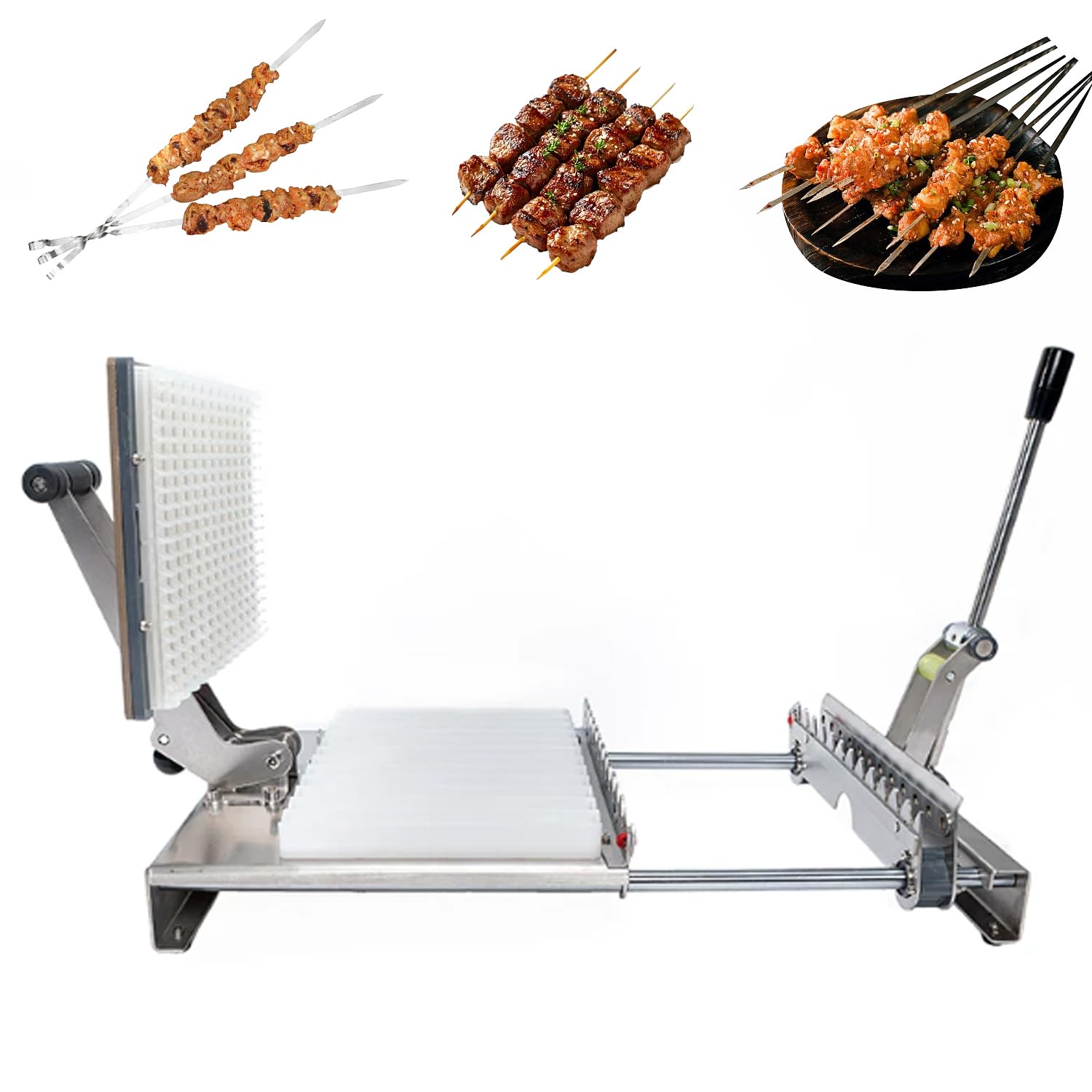 HiJiuAn Manual Mutton Kebab Machine, 8/12 Hole Stainless Steel Meat Skewer Machine, Adjustable Design, Manual Press Button, Non-slip Fixing Baffle, Fits All-length Bamboo/metal Skewers 12 Skewers