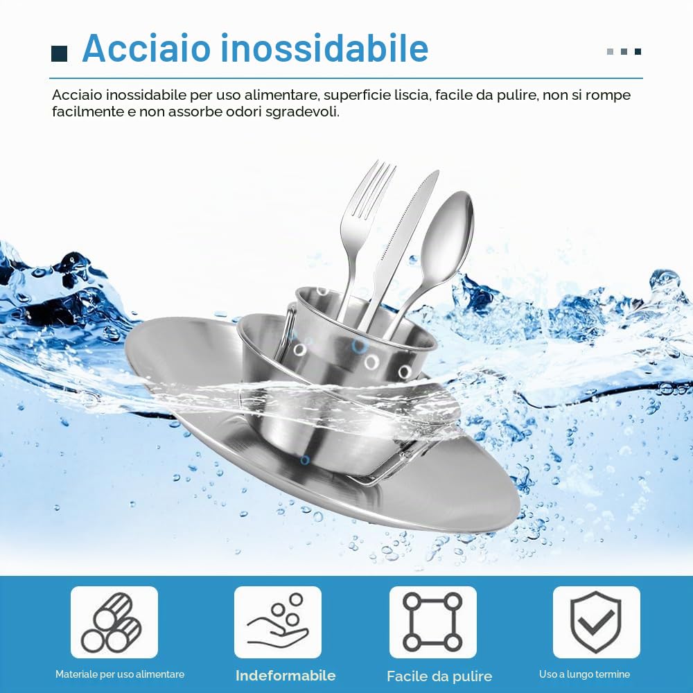 REFORUNG Set di Stoviglie per Esterni in Acciaio Inossidabile Set Piatti Bicchieri e Posate Campeggio con Piatto Tazza Ciotola Posate con Sacchetto a Rete per Picnic Pentole All'aperto (8 Pz)