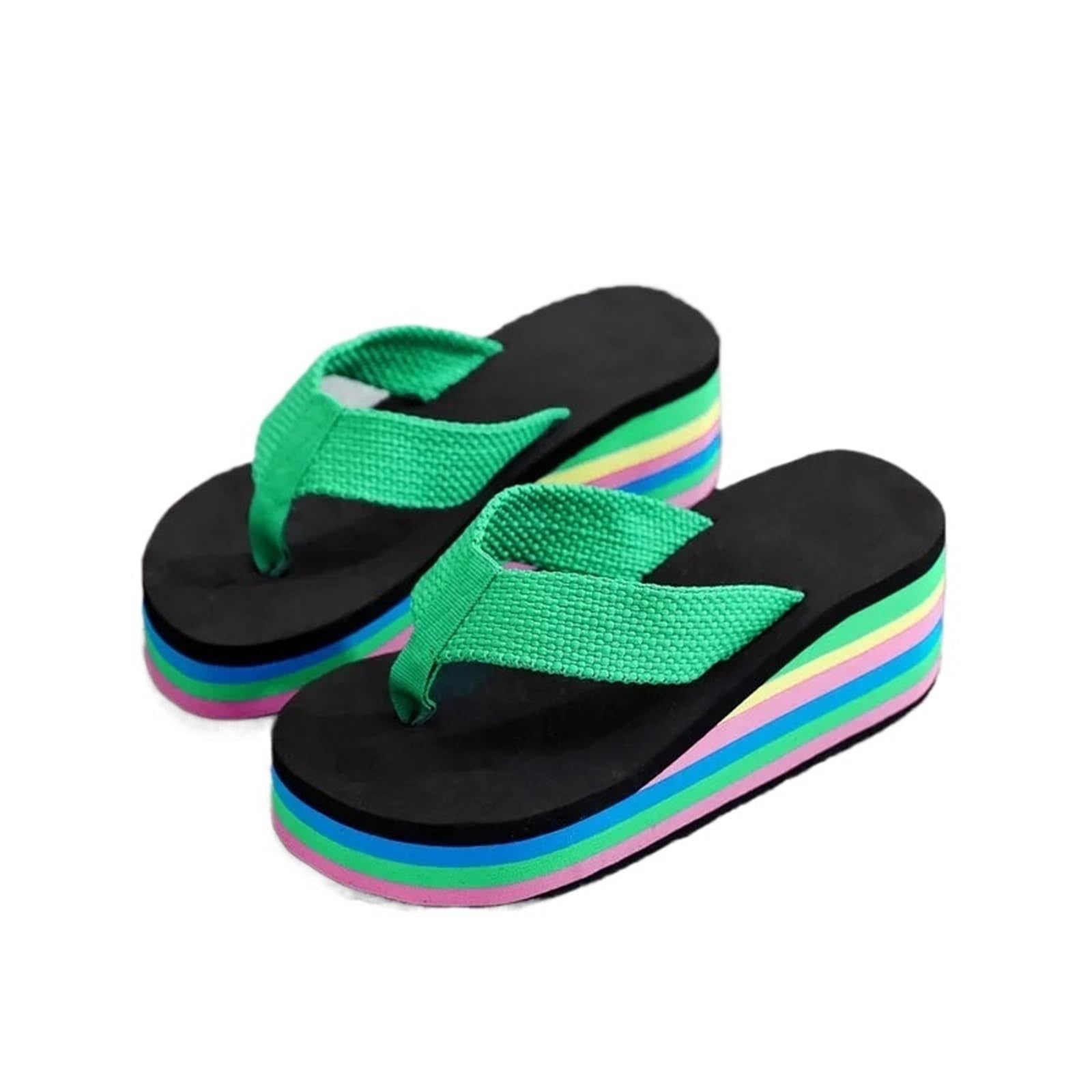 ERHTGUO Women's Rainbow Color Platform Flip Flops Summer Thick Sole Lightweight Slip-on Wedges Sandals Beach Slippers(Green,39)