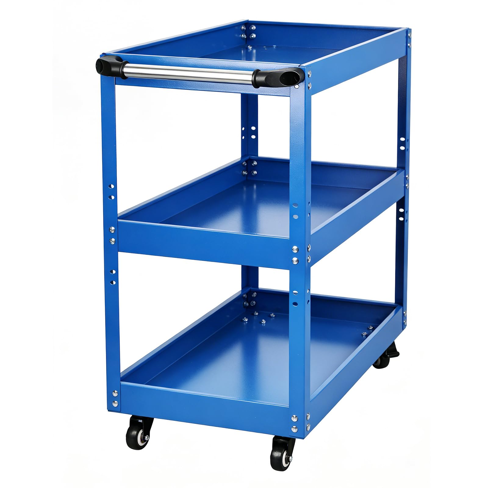 Edelstahl Rollwagen, 3-Etagen Schwerlast Werkstattwagen mit Rollen, Multifunktionaler Materialwagen, 66×35,5×72 cm Kommissionierwagen, Vielzweckwagen für Garage und Werkstatt, Blau,250 kg Gesamt