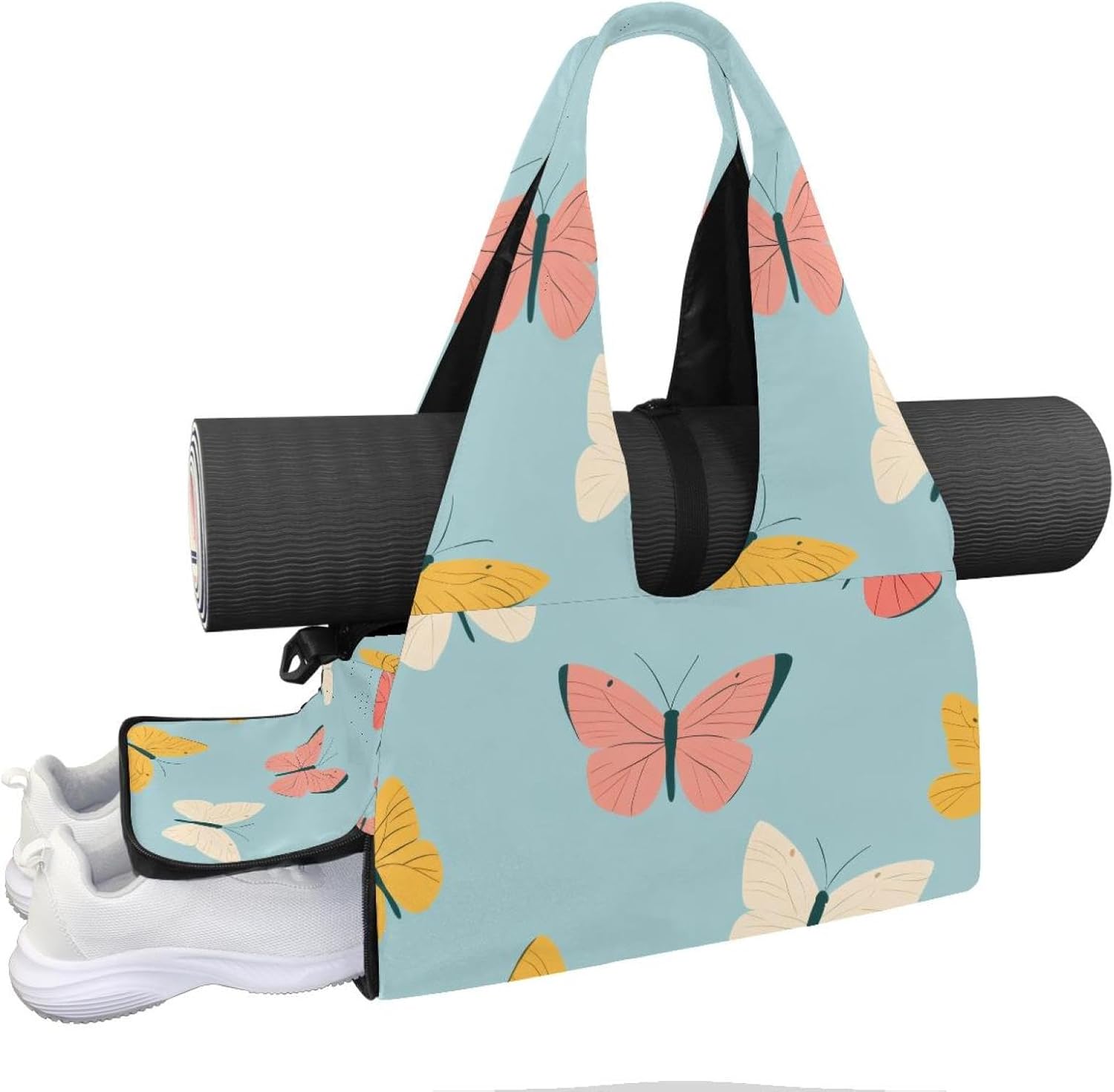Yoga Mat Bag, Gym Workout Bag with Shoe Compartment, Butterflies Pilates Bag for Women, Quick Access Storage Yoga Tote Bag for Sports Travel Office