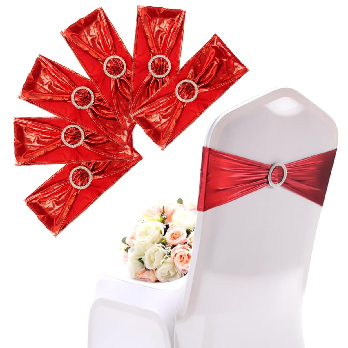 SamHeng 6 Piezas Funda de Silla Lazos, Brillante Bandas Metálico Funda para Silla con Deslizador de Hebilla, Universal Bandas Elásticas de Sillas para Boda Fiesta Decoración de Banquetes (Rojo)