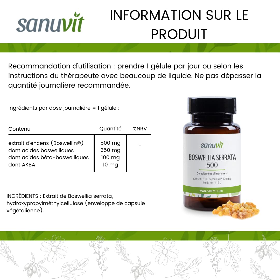 Sanuvit® - Boswellia Serrata 500mg | Hautement dosé avec 500mg de Boswellia serrata indien par capsule | Haute biodisponibilité | avec matière première premium Boswellin® | Végétalien | 180 capsules