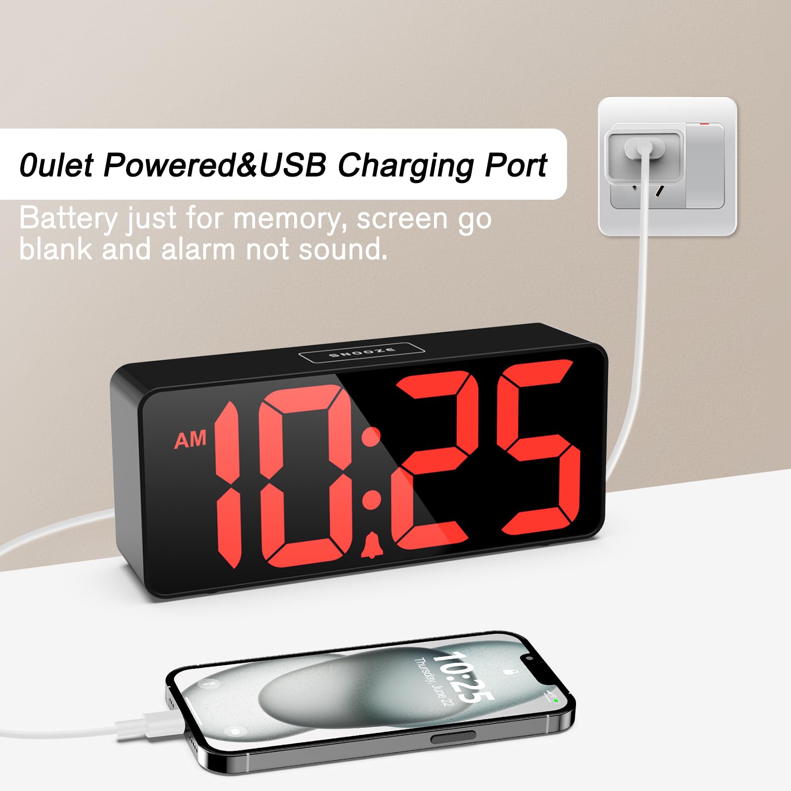 Welgo - Reloj despertador digital de gran tamaño de 7.5 pulgadas para personas mayores y con discapacidad visual, ajuste simple, regulador de 0 a 100 %, volumen ajustable, puerto de carga