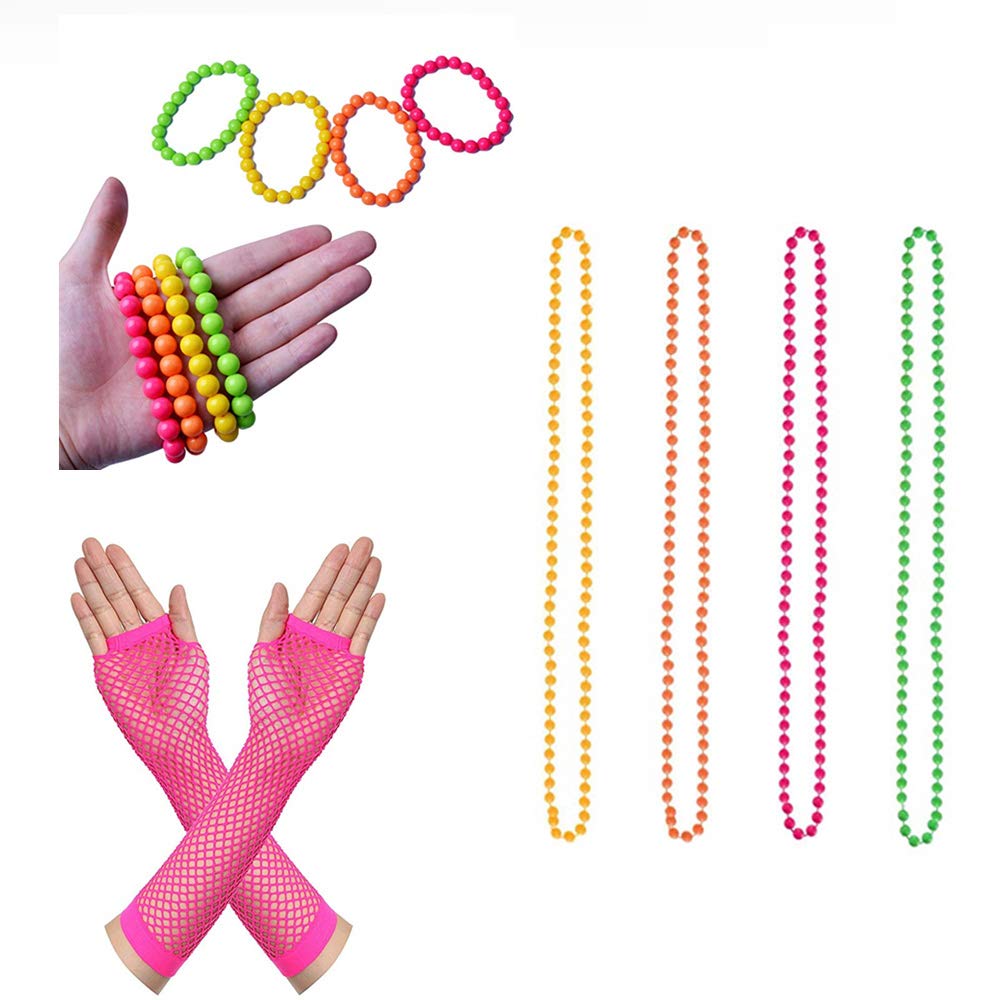 Cheerego 80s Fancy Dress,10 Pcs Multicolour Plastic Neon Fluorescent Rave Bead Necklaces Neon Bracelets Long Fishnet Gloves Accessories Set Girls Women Ladies Night Out 80s Party