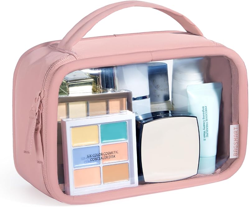 BAGSMART Necessaire transparente para maquiagem e itens de higiene, com zíper, alça e abertura ampla, PVC resistente à água, Rosa blush