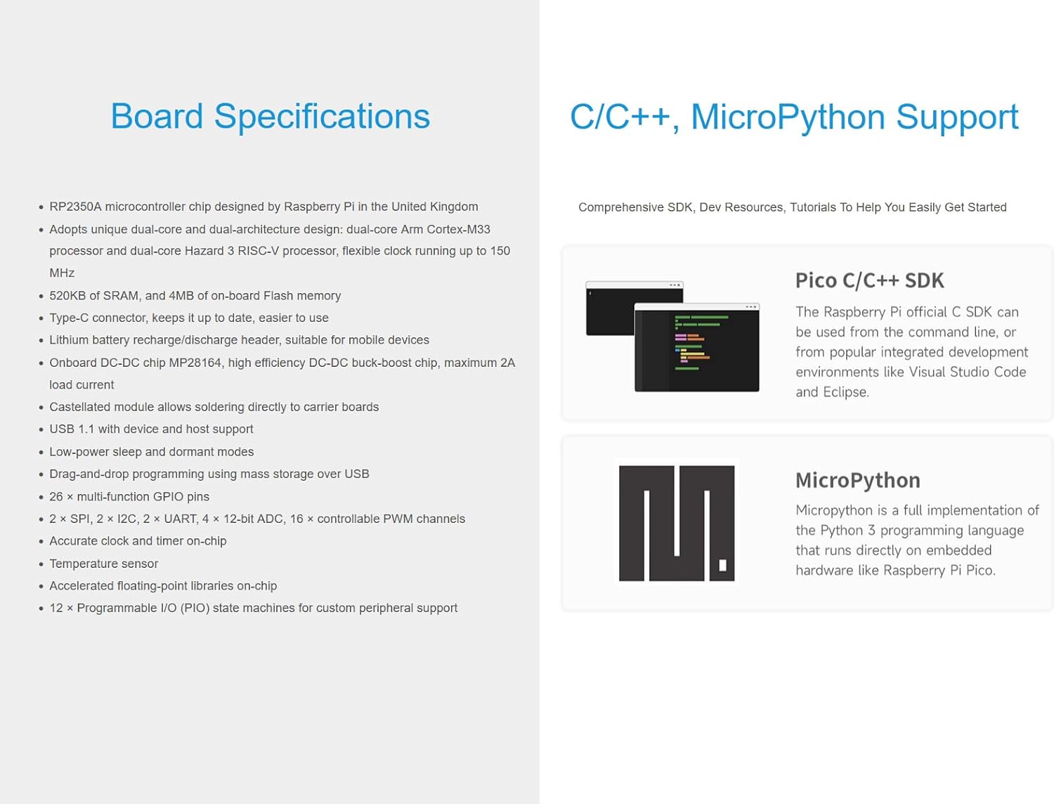 Diagram showing support for C/C++ SDK and MicroPython for the RP2350 MCU Board Plus