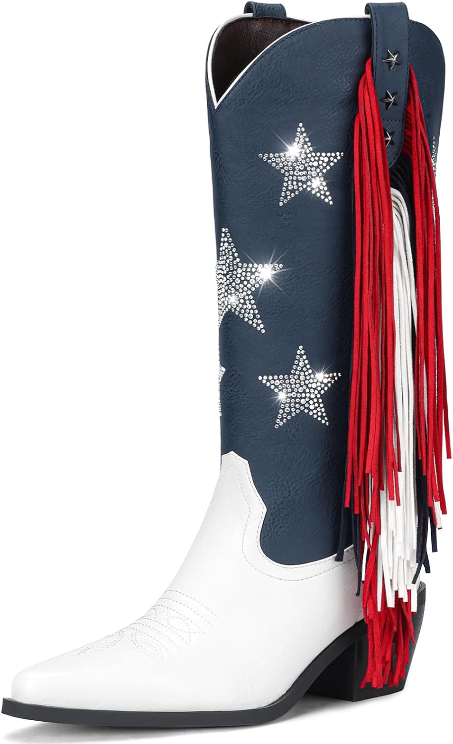 Rhinestone Cowboy Boots for Women With Fringe - Patriotic Game Day Outfits, Western Rodeo Country Music Festival Boots, American Flag Palette Pointed Toe Chunky Heel
