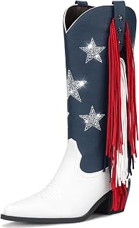 Rhinestone Cowboy Boots for Women With Fringe - Patriotic Game Day Outfits, Western Rodeo Country Music Festival Boots, American Flag Palette Pointed Toe Chunky Heel