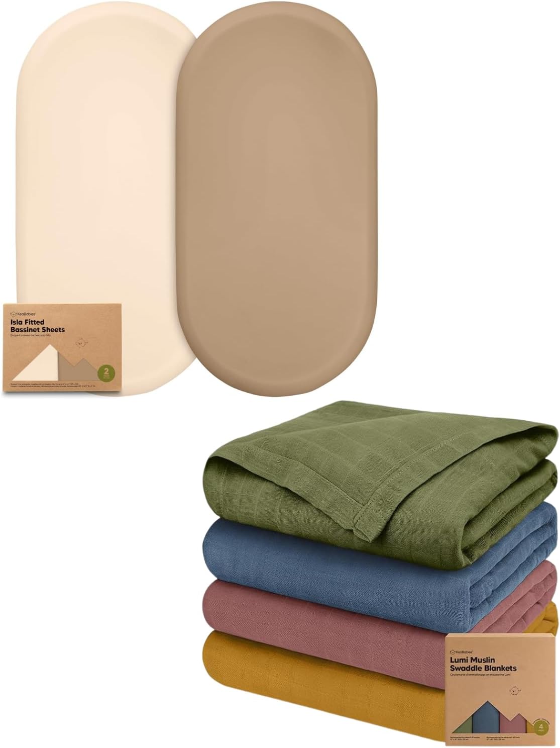 Keababies 2-Pack Bassinet Sheets for Girls, Boys and 4-Pack Muslin Swaddle Blankets for Baby Boys, Girls - Bassinet Mattress Sheets - Baby Blankets, Newborn Receiving Blanket