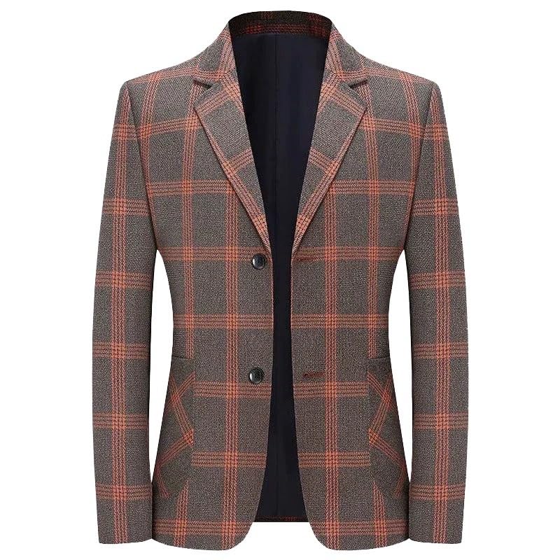 Men's Plaid Slim Fit Spring Fall Business Casual Suit Jacket Lightweight Middle Aged Sport Coat