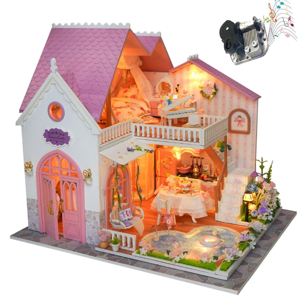 Topbsbfar, kit fai da te per casa delle bambole in miniatura, modello di villa europea con luce a LED, idea regalo per casa artigianale in legno