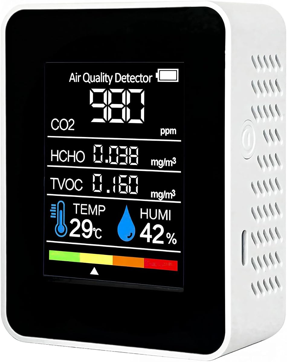 5-in-1 Air Quality Monitor Indoor – CO2, HCHO, TVOC Detector with Temperature & Humidity Display – Portable Air Quality Tester for Home, Office, Bedroom
