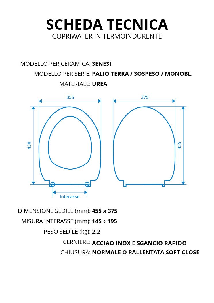 Copriwater per SENESI PALIO TERRA/SOSPESO/MONOBLOCCO TERMOINDURENTE BIANCO cerniera inox normale o rallentata soft close