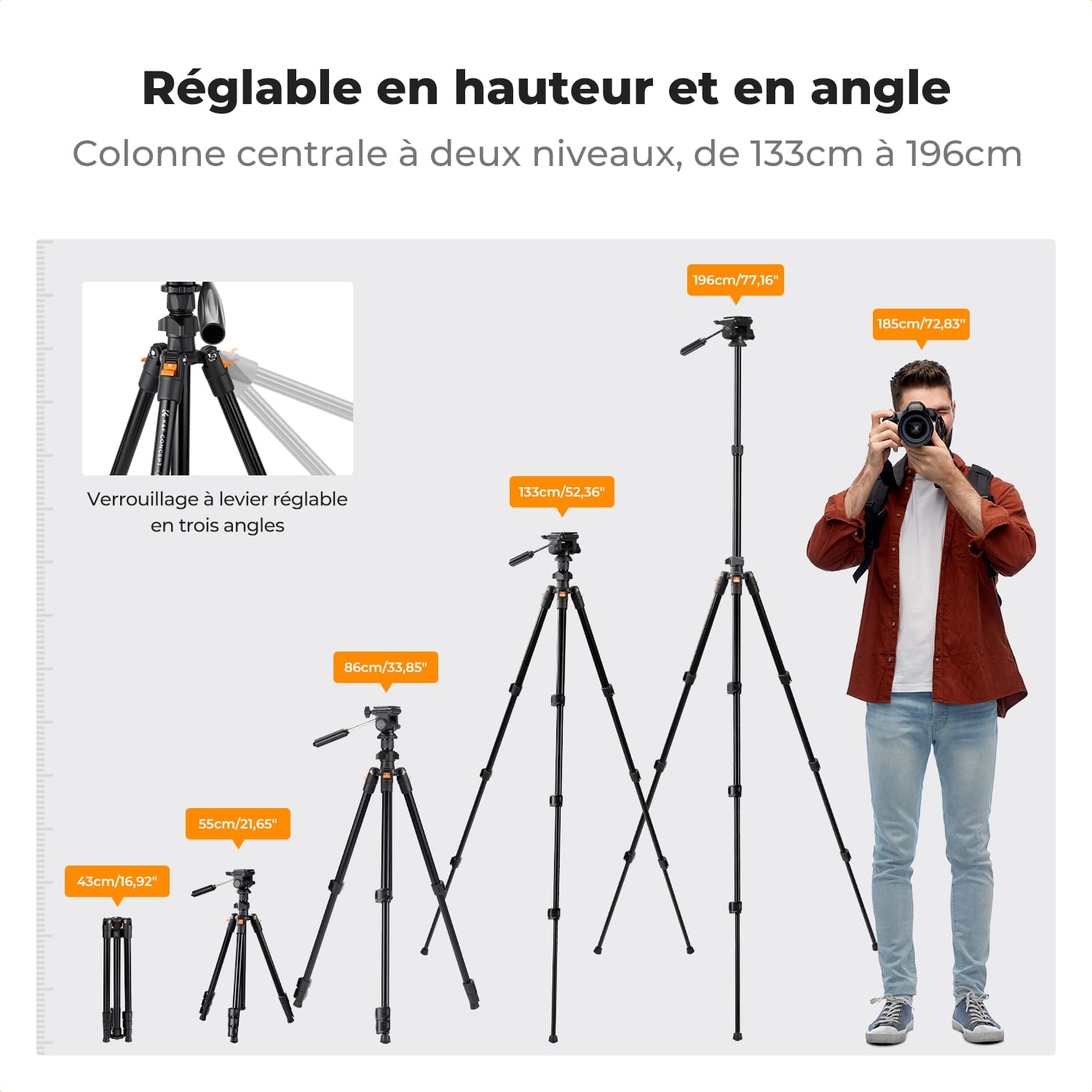 K&F Concept Trépied Vidéo 196cm avec Tête Pivotante 3 Voies