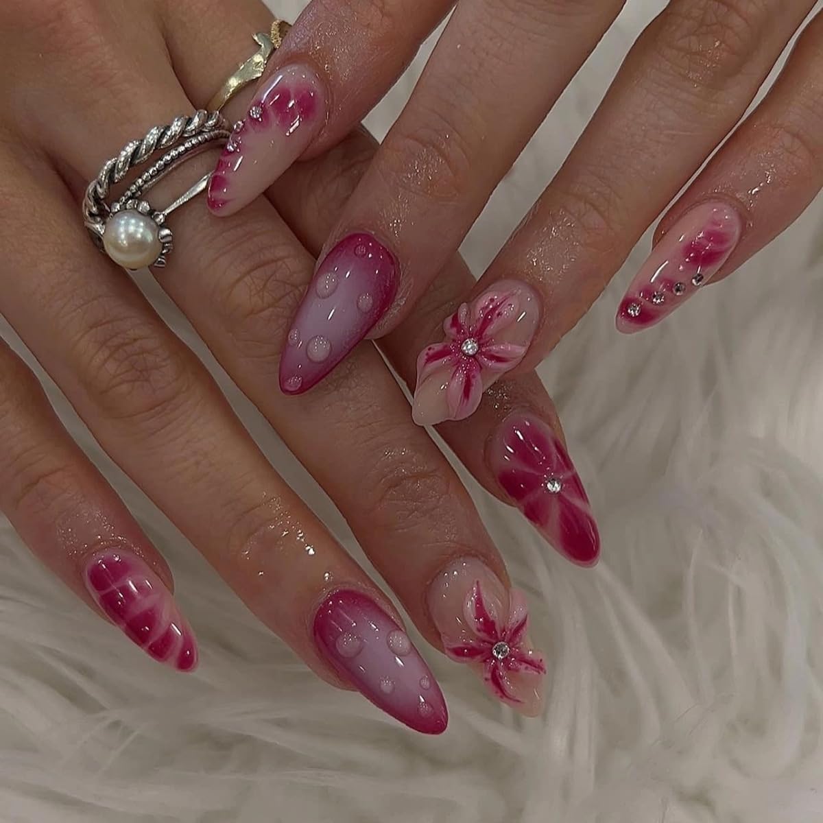 24 Pcs Press on Nails Short Almond - YEFIUO Pink Nail Tips Acrylic Nail Kit 3D Rhinestones Red Flowers Charms Nail Art Fake Nails Press ons French Tip