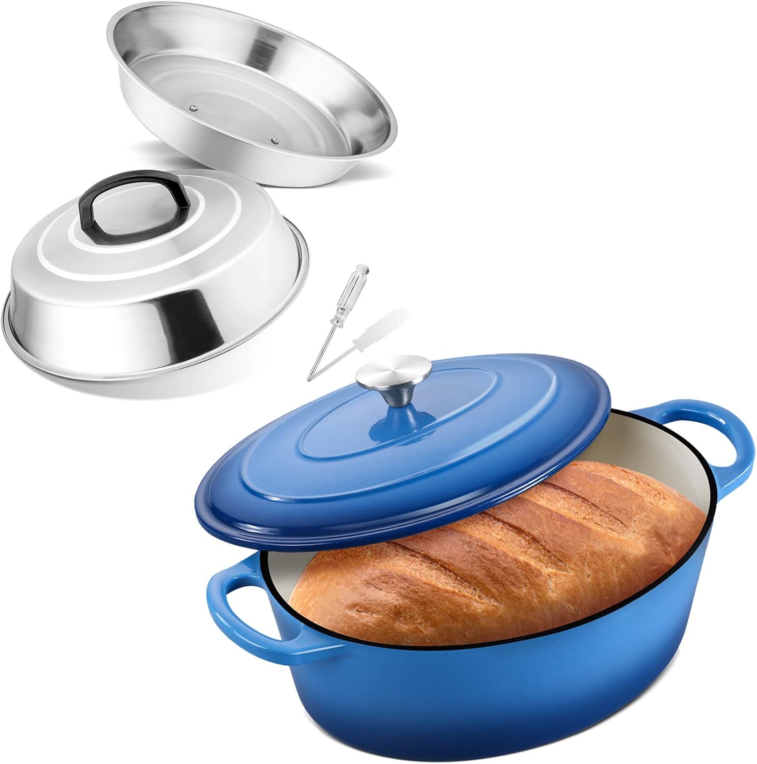 Leonyo 7QT Blue Oval Dutch Oven Pot with Lid For Bread Baking & Stainless Steel 12” Cheese Melting Dome for BBQ