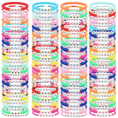 100 Pcs Beaded Friendship Bracelets Bulk Colorful Inspirational Stretch Bracelets Y2k Preppy Adjustable Jewelry for Rainbow Princess Women Beach Party Favor Gifts(Love Heart)