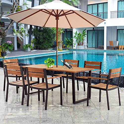ORALNER 7 Pieces Patio Dining Set, Steel Outdoor Furniture Set w/ 2.16” Umbrella Hole & Acacia Wood Top, 6 x Chairs & Large Rectangle Dining Table for Balcony, Deck, Backyard, Garden, Poolside - Image 3