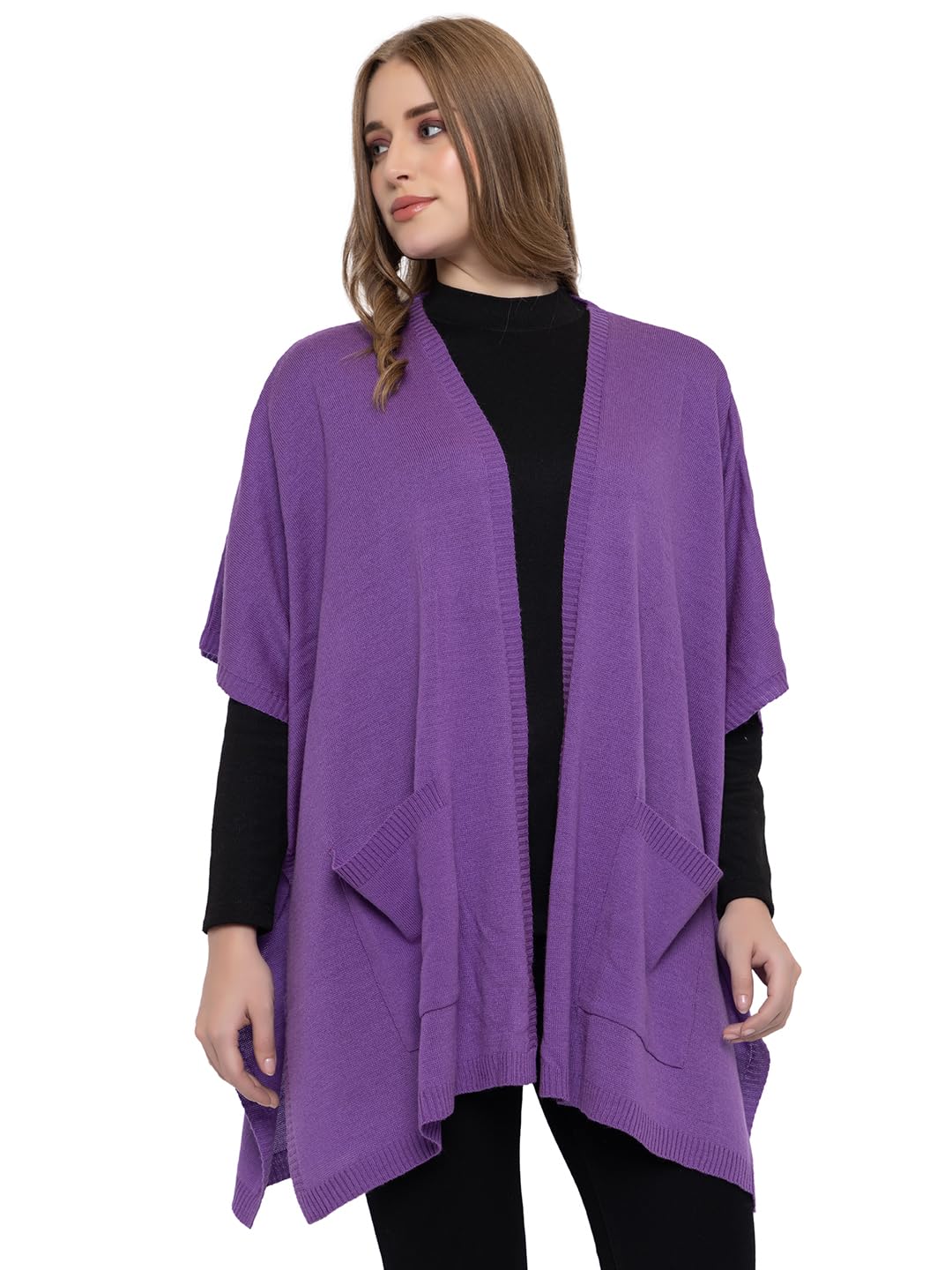 513 Women Girls Acrylic Winter Wear Solid Knitted Open Front Kimono Shrug Wrap with Pocket Purple-picture-51