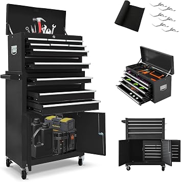13-Drawer Tool Chest with Double Doors, Rolling Tool Box | Heavy Duty Metal Tool Cabinet with Wheels, Lockable Detachable Toolbox, Tool Storage Cart for Garage, Workshop, Black