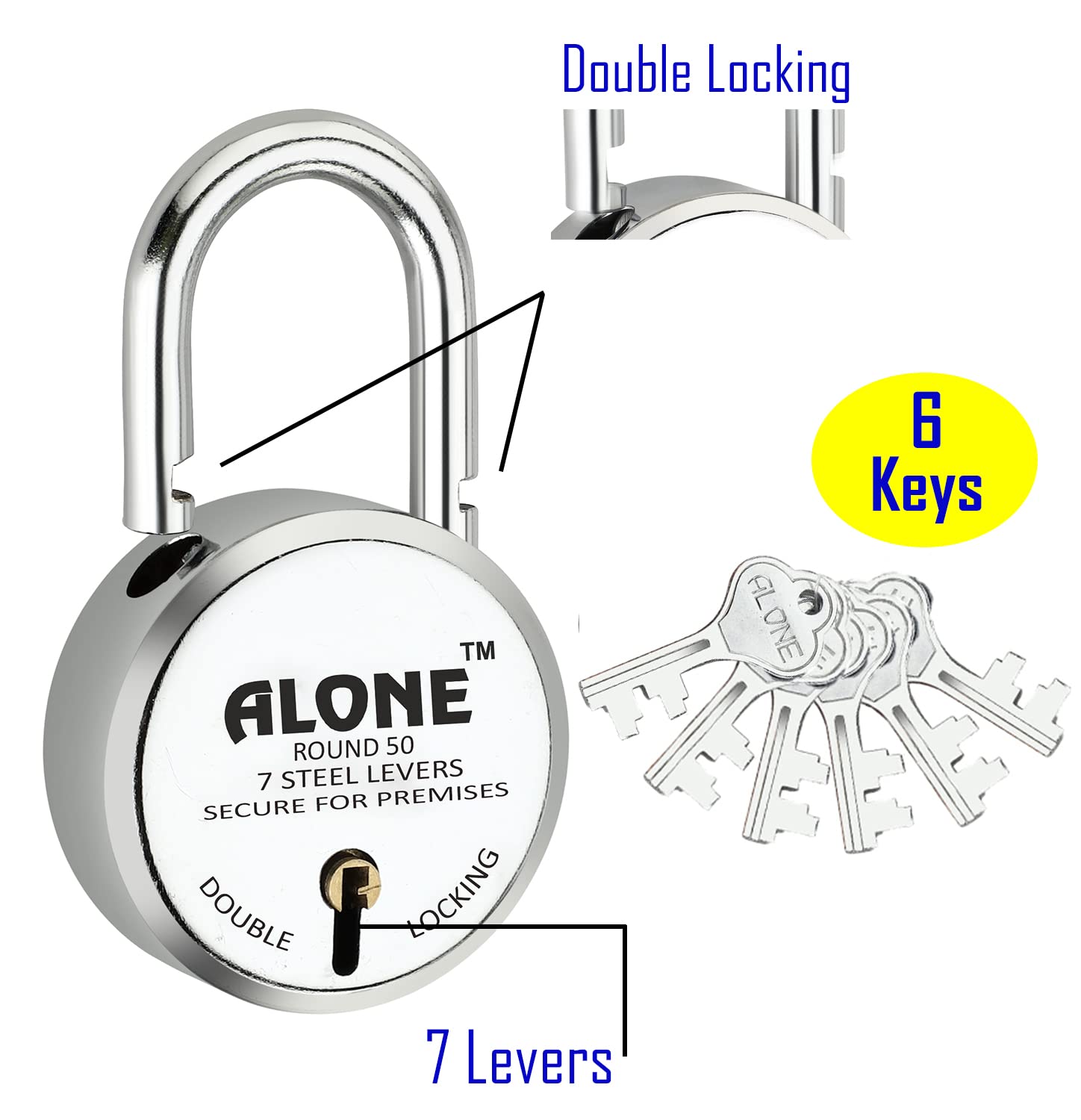Alone Padlocks Small Size 50mm 6 Keys Lock | Hard Shackle Double Locking | Lock and Keys for Home Door Gate Shop Shutter Office, Chrome Finish Rust Resistance | Made in India (Pack of 01) — Amazon image 3