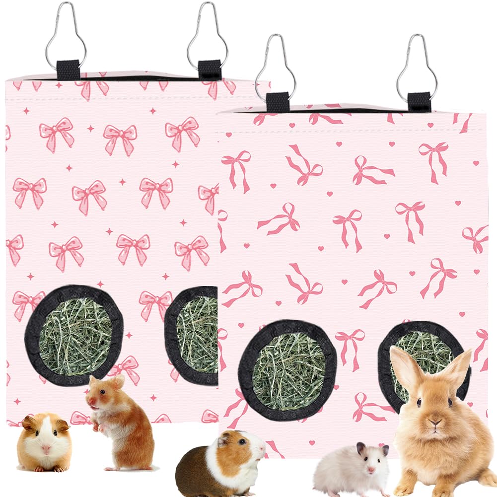 PRESSINART 2Pcs 2 Styles Small Pet Hanging Hay Bag Pink Hay Feeder Bag with 2 Holes Bowknot Pattern Cloth Washable Rectangle Feeding Storage for Rabbit Chinchillas Hamsters Guinea Pigs 12 x 9 Inch
