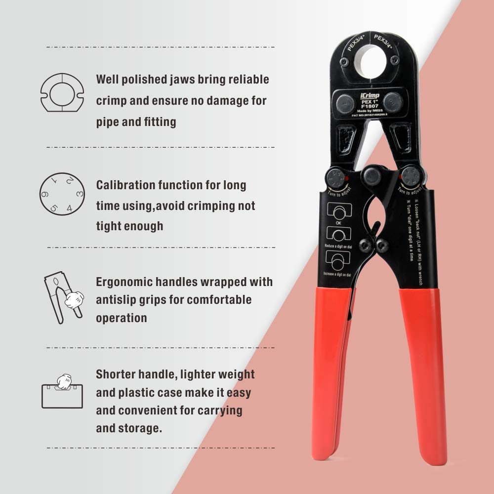 iCrimp Pex Pipe Crimping Tool kit for 3/8,1/2,3/4,1-inch Copper Ring with Free Gauge&Pex Pipe Cutter -Meet ASTM F1807 and Portable