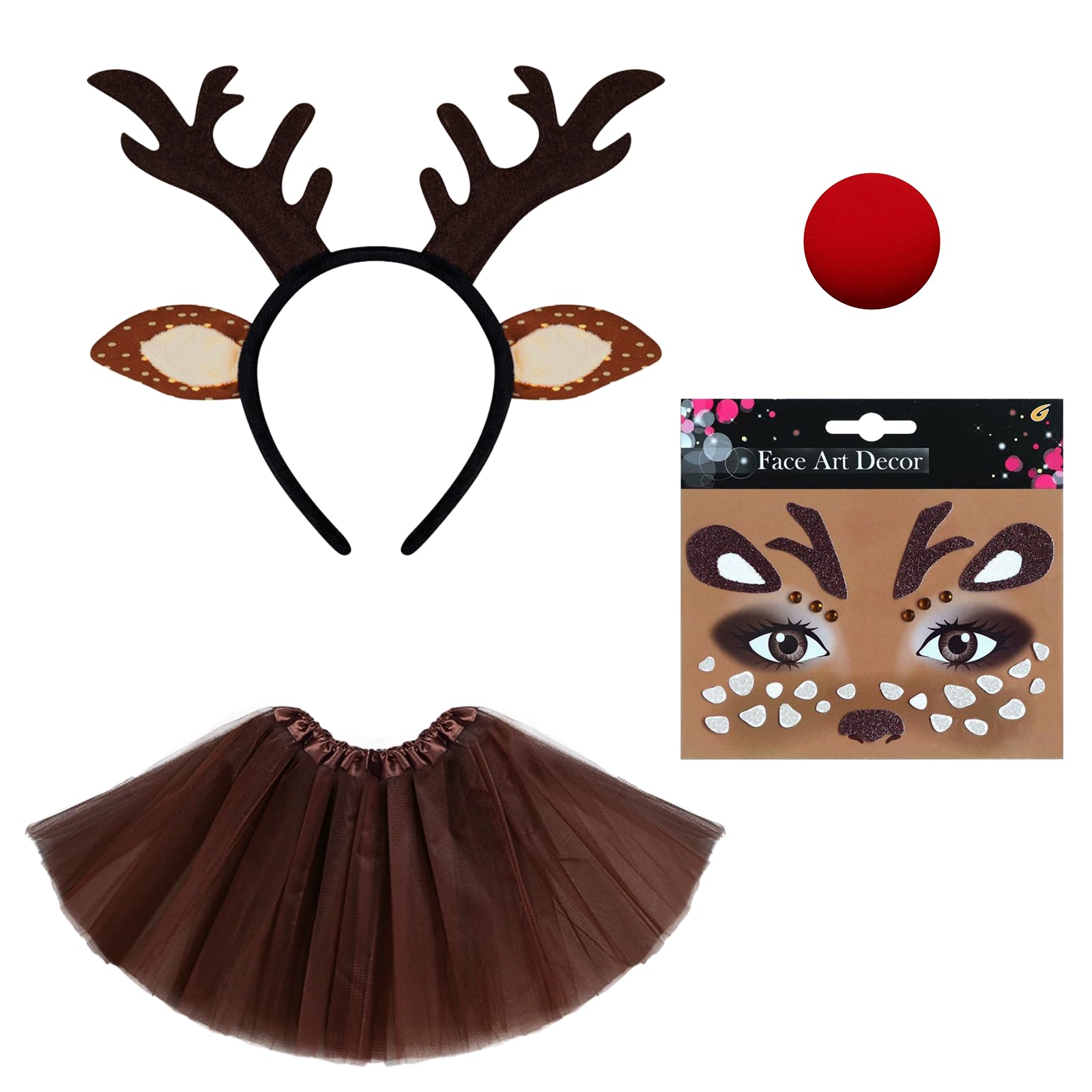 NAUZE 4Pieces Reindeer Headband Costume Set Antler Headband Face Stickers Tulle Tutu Skirt Nose Christmas Animal Fancy Dress Up for Kids Girls World Book Day