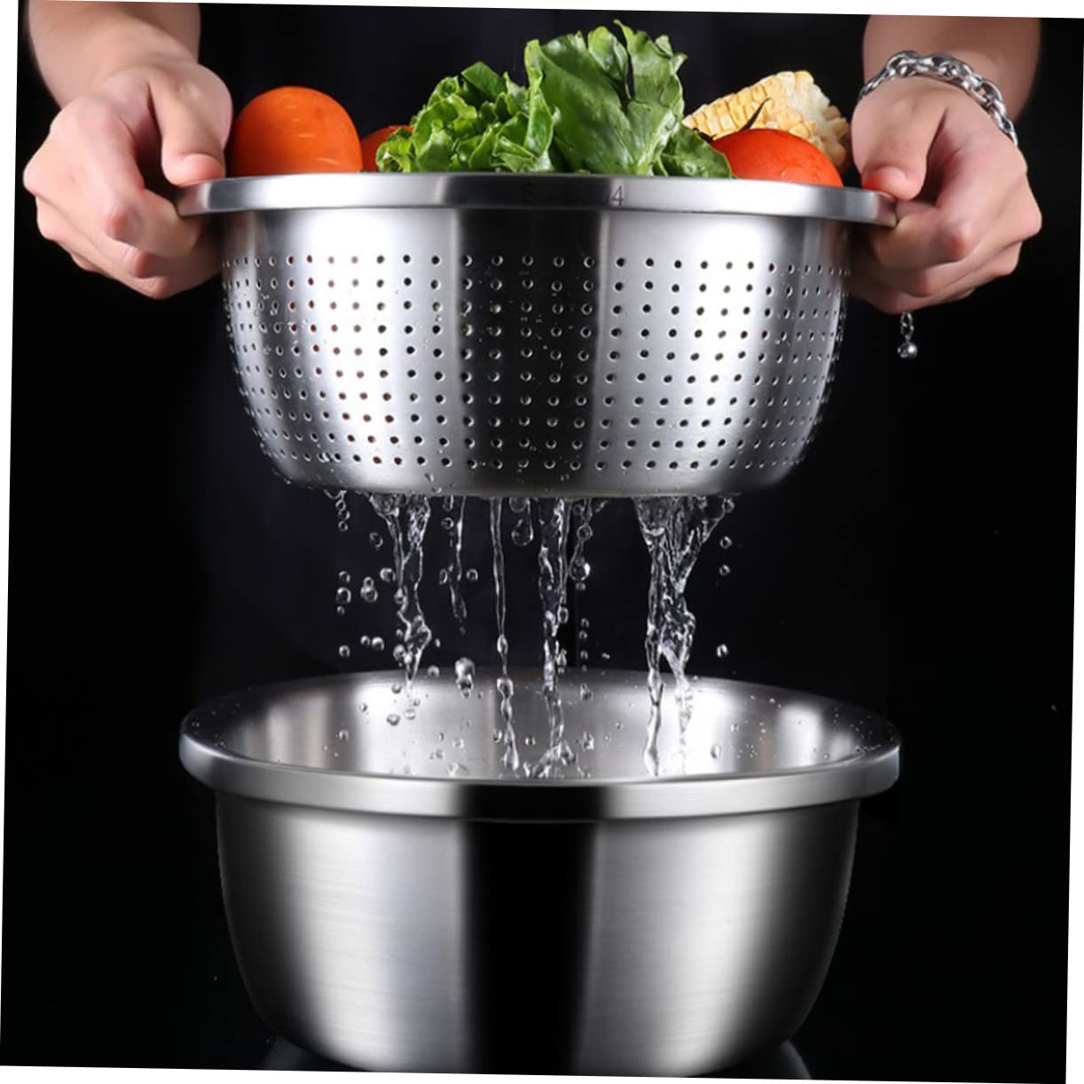 Scolapasta Multifunzionale in Acciaio Inox Doppio Strato e Design a Fori Fini, per Drenare Frutta e Verdura in Cucina Interna o Campeggio