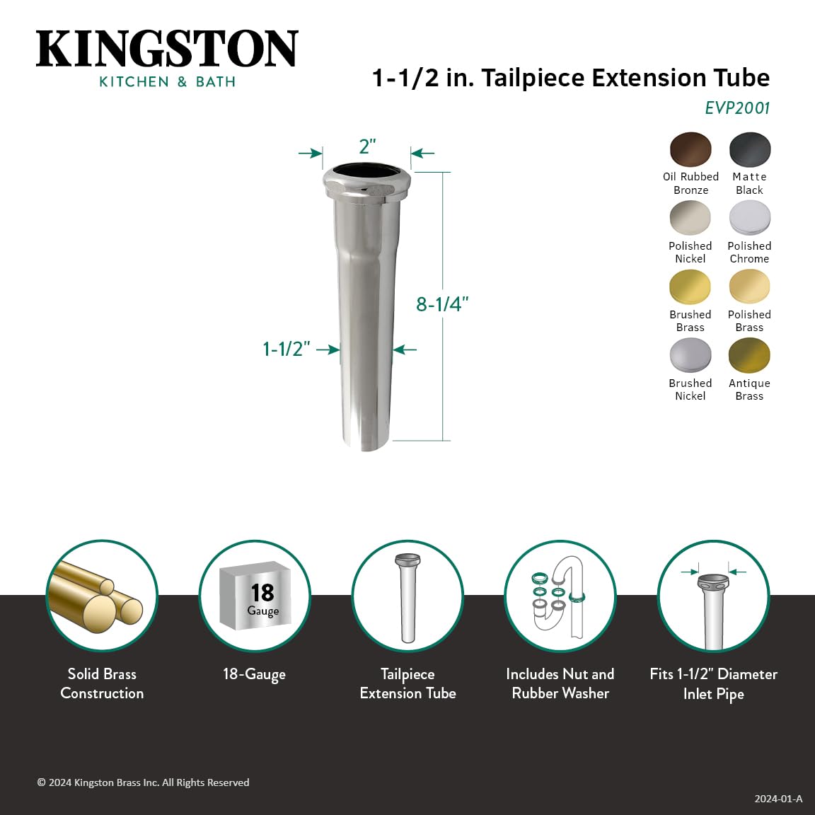 Kingston Brass EVP2007 Century - Tubo de extensión de junta deslizante de 1-1/2 x 8 pulgadas, latón cepillado