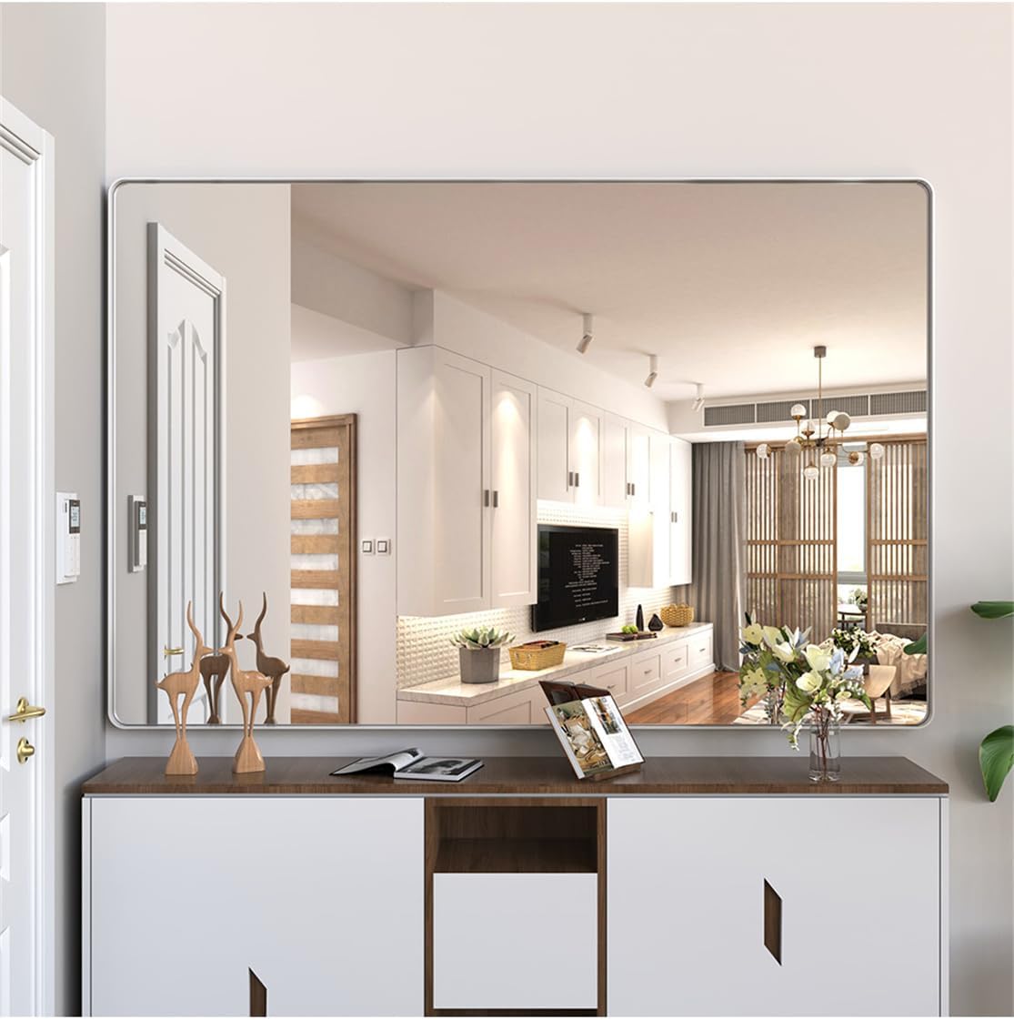 Large Bathroom Mirror for Wall, Bathroom Mirror with Removable Shelf, Aluminum Frame Rounded Rectangle Mirror, Wall Mirror/Full Length Mirror for Living Room Bedroom (Silver, 72x48)