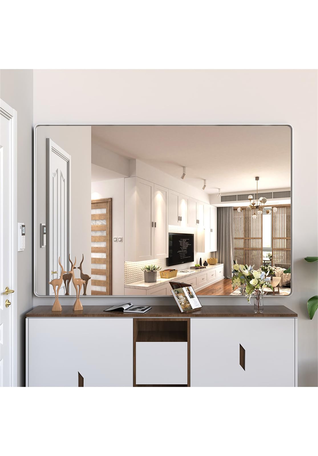 Large Bathroom Mirror for Wall, Bathroom Mirror with Removable Shelf, Aluminum Frame Rounded Rectangle Mirror, Wall Mirror/Full Length Mirror for Living Room Bedroom (Silver, 72x48)