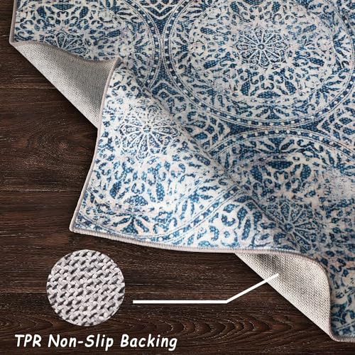 vivorug Blue Runner Rug 2x10 Machine Washable Rug with Non-Slip Backing, Ideal for Kitchen Hallway Entryway Laundry Room - Vintage, Durable, Easy Clean, Low Pile Carpet Runner