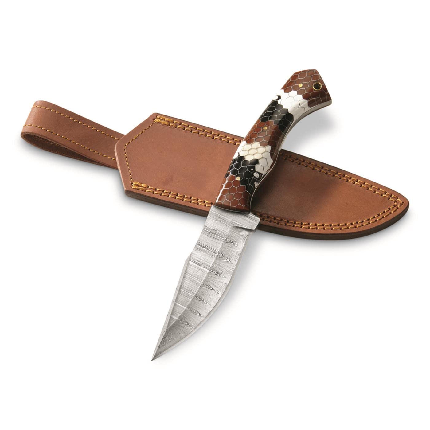 SANZ Damascus Hunting Knife 9.75 Inch - Camping Knife with Acrylic Handle, Full Tang Blade & Sheath for Hunting, Camping & Outdoor uses for Men