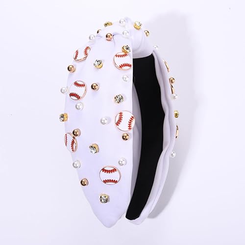 Miniatura 6 de Diadema de béisbol para mujer, accesorios de béisbol, diadema anudada con perlas de cristal, diadema adornada, diadema con nudo superior ancho,