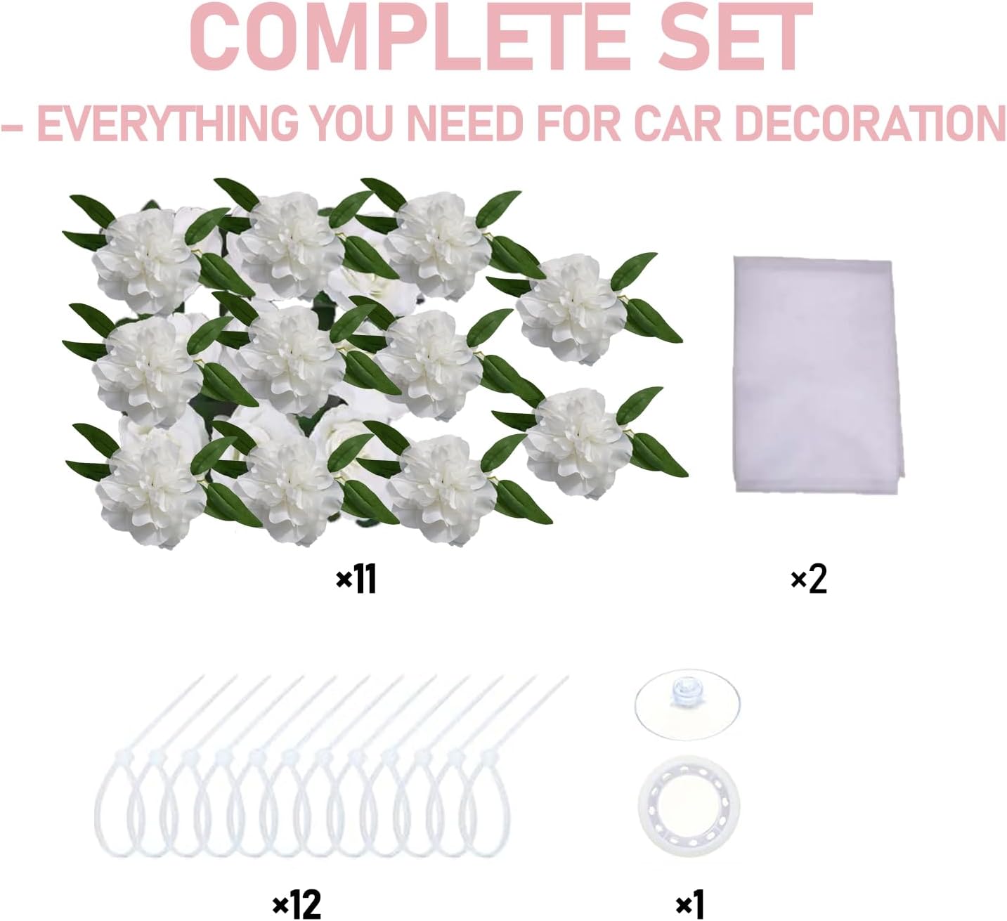 Luxury Wedding Car Decor Kit with White Artificial Floral Garland and Satin Bows for Newlyweds Large Outdoor Use image 4